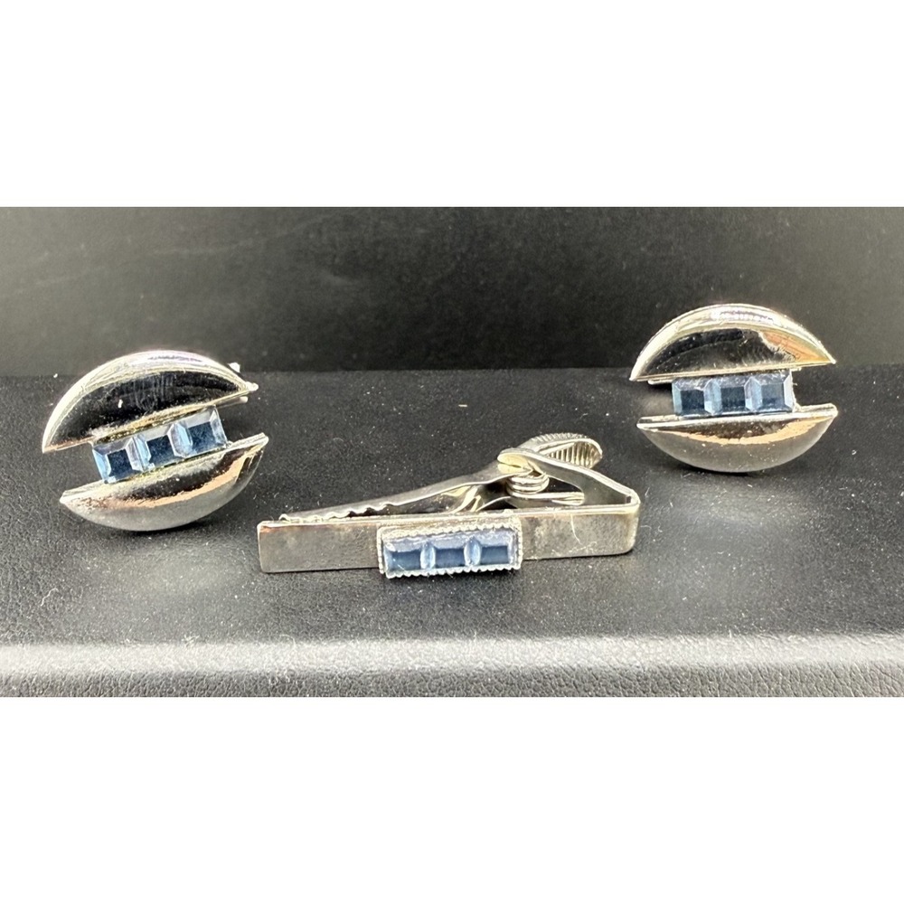 Vintage Estate Cufflink Tie Bar Set Silver Blue Rhinestone Geometric MCM